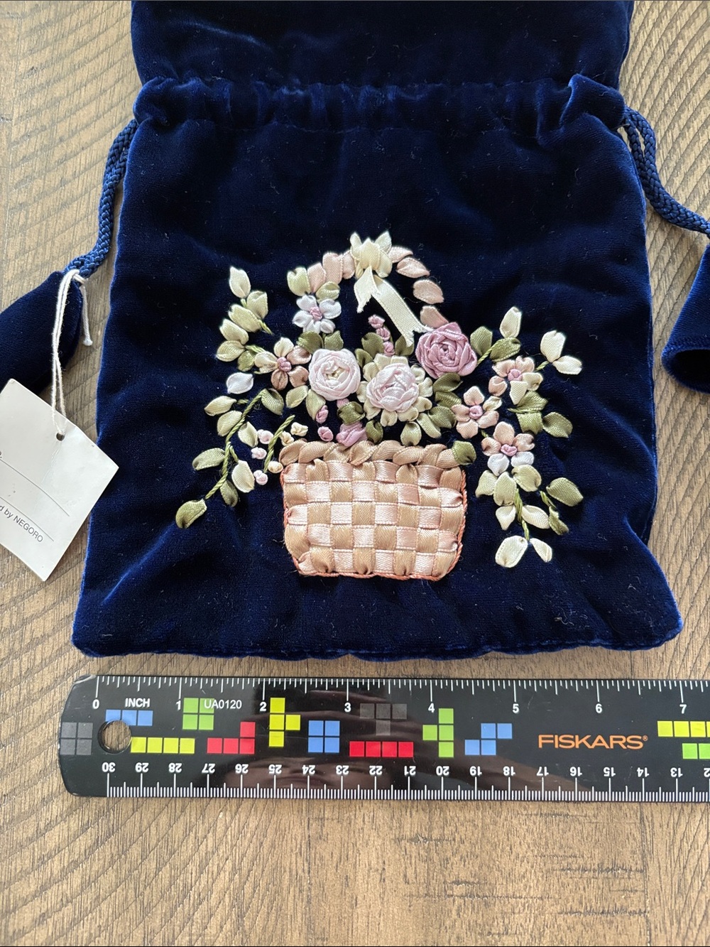 Navy Velvet Drawstring Cosmetic Pouch with Embroidered Floral Basket - Picture 4 of 5